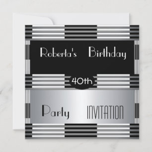 Invitation 40th Birthday Party Art Deco Black Silv