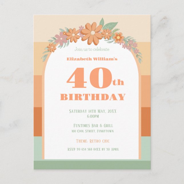 Invitation, 40th Birthday - pastel retro florals Postcard (Front)