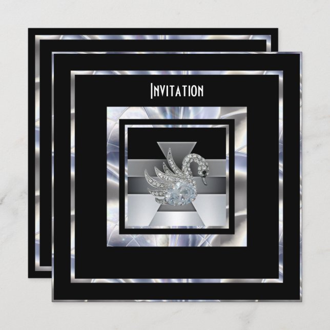 Invitation Art Deco Silver Black Diamond Swan (Front/Back)