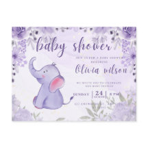 invitation baby shower, purple elephant flowers