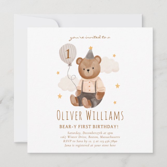 Invitation bear 1st birthday blue balloon (Front)