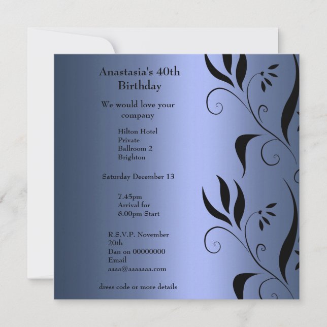 Invitation Birthday Blue with Black Floral (Front)