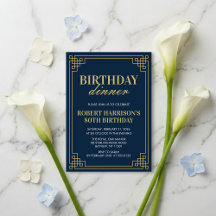 Invitation Birthday Dinner Elegant Navy Gold 80th