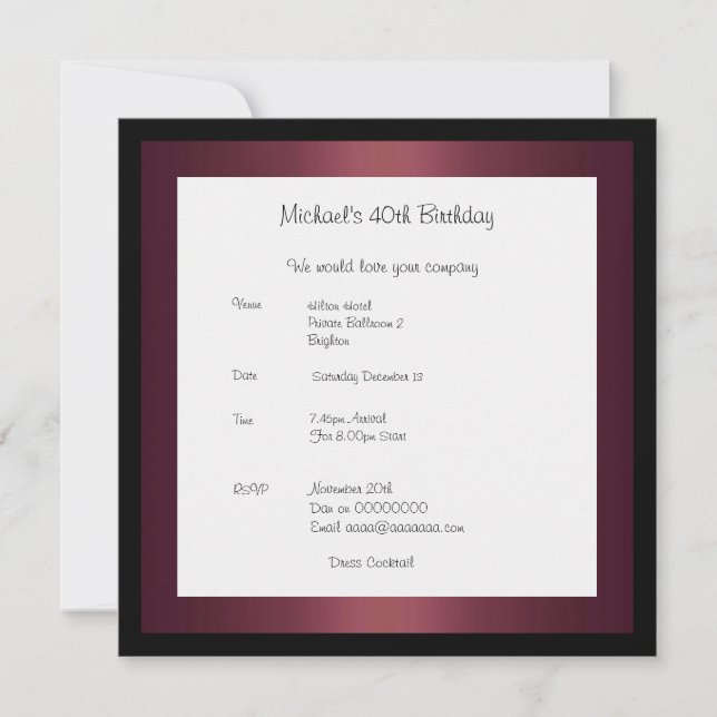 Invitation Birthday Elegant Photo Burgundy (Front)