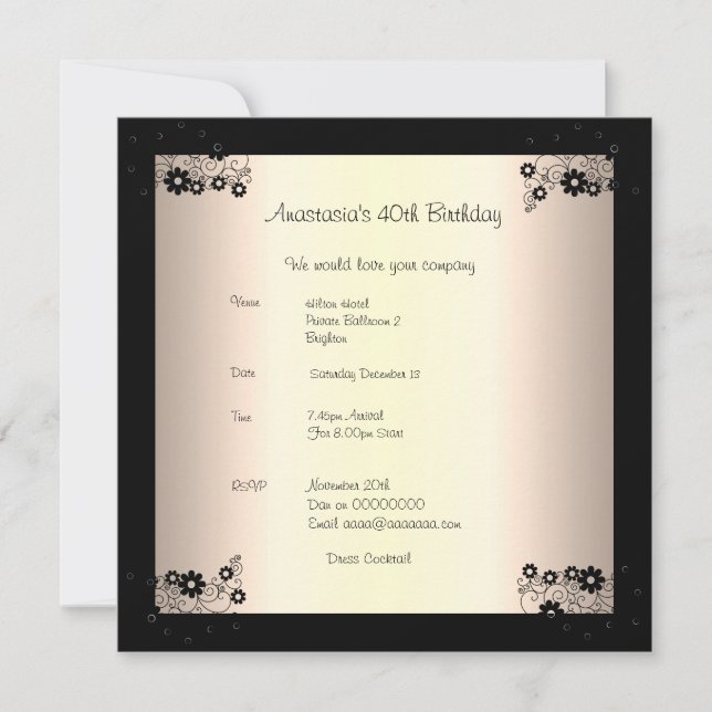 Invitation Birthday Glamour Cream Black Floral (Front)