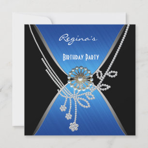 Invitation Birthday Party Black Blue Silver Pearl