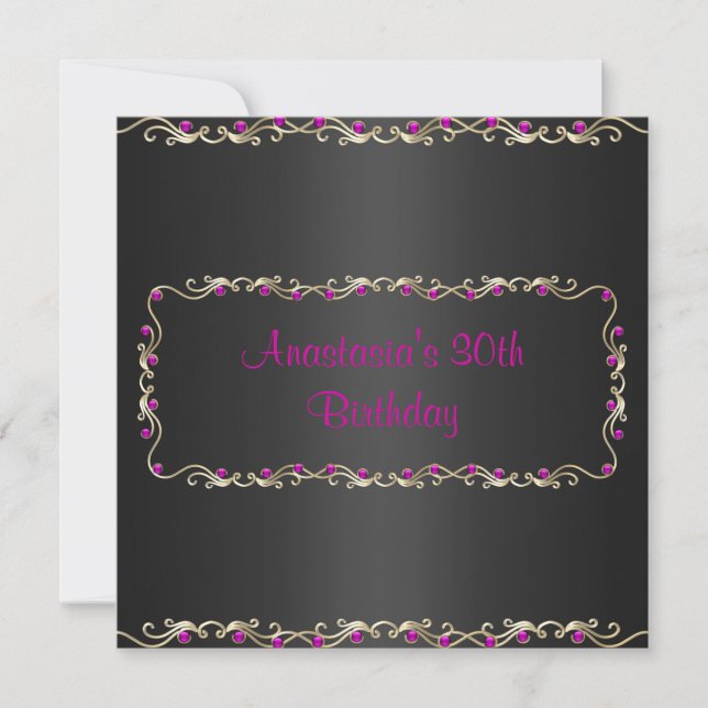 Invitation Birthday Party Black Gold Pink Jewel (Front)
