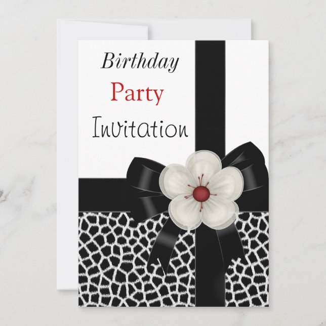 Invitation Birthday Party Black White Bow (Front)
