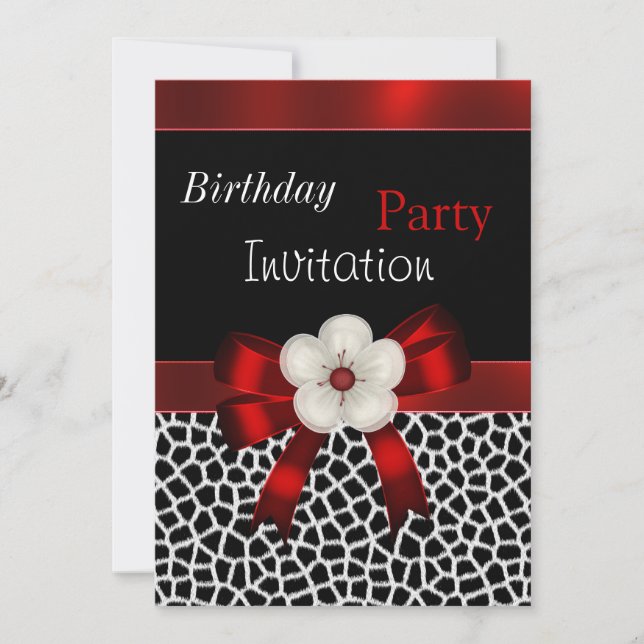 Invitation Birthday Party Red Black Floral Bow (Front)