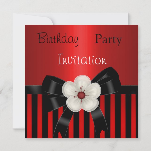 Invitation Birthday Party Red Black Stripe Floral (Front)
