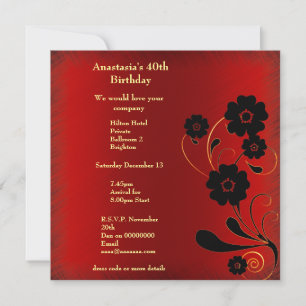 Invitation Birthday Red Fray with Black Floral