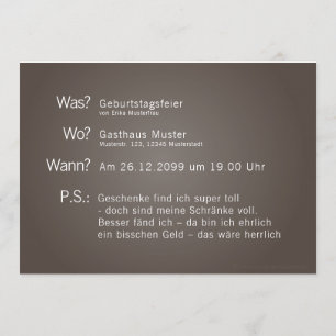 Invitation card with "What? When? Where? P.S.:’