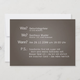 Invitation card with "What? When? Where? P.S.:’
