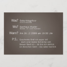 Invitation card with "What? When? Where? P.S.:’ te