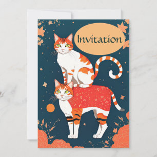 Invitation cat piggybacking ginger on dark teal