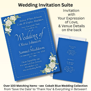Invitation Cobalt Blue & White Roses Wedding