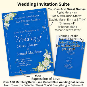 Invitation Cobalt Blue & White Roses Wedding