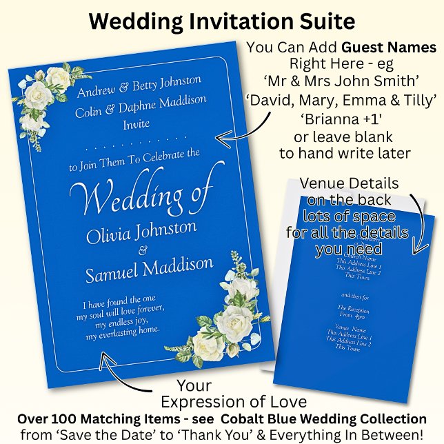 Invitation Cobalt Blue & White Roses Wedding (Creator Uploaded)