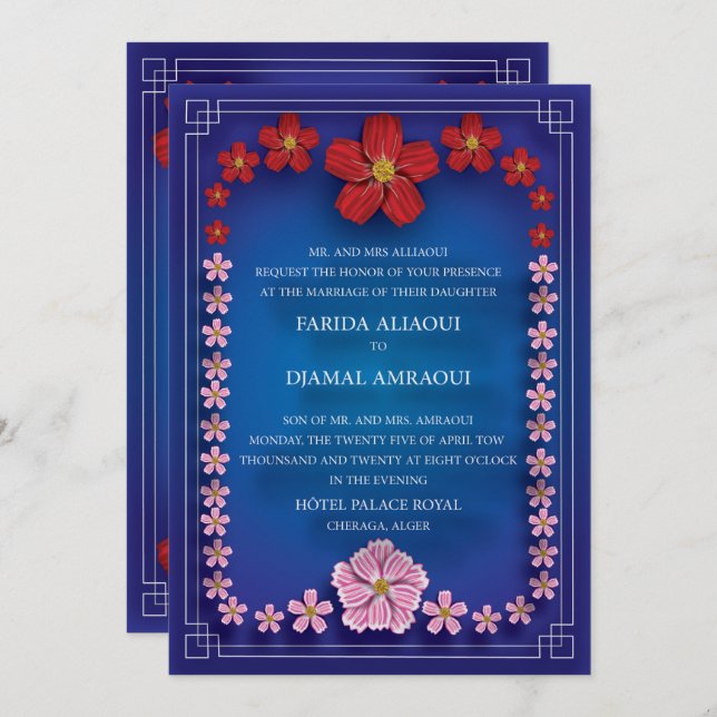 invitation de mariage bleu royale avec fleurs (Front/Back)