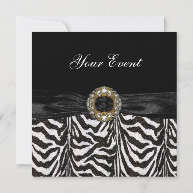 Invitation Diamond Jewel Black White Zebra (Front)