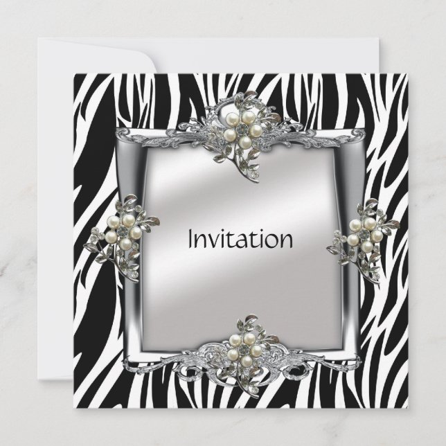 Invitation Elegant Animal Zebra Silver Jewel Flora (Front)