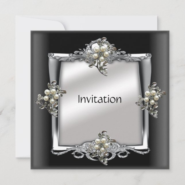 Invitation Elegant Silver Black  Pearl Jewel (Front)