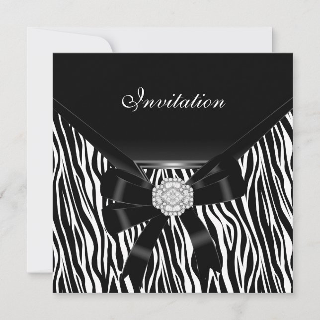 Invitation Elegant Silver Black White Jewel Zebra (Front)