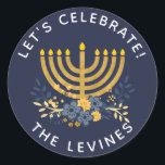 Invitation Envelope Seal Menorah | Hanuakkah<br><div class="desc">This party invitation envelope seal features modern block typography,  a fun floral bouquet and watercolor menorah. Personalise the text and/or background colour. To customise the navy blue background colour,  choose customise tool and select any of your choosing.</div>