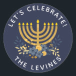 Invitation Envelope Seal Menorah | Hanuakkah<br><div class="desc">This party invitation envelope seal features modern block typography,  a fun floral bouquet and watercolor menorah. Personalise the text and/or background colour. To customise the navy blue background colour,  choose customise tool and select any of your choosing.</div>