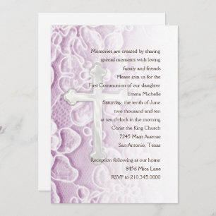 Invitation First Communion Lace and Cross Lilac