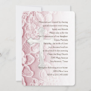 Invitation First Communion Lace and Cross Pink