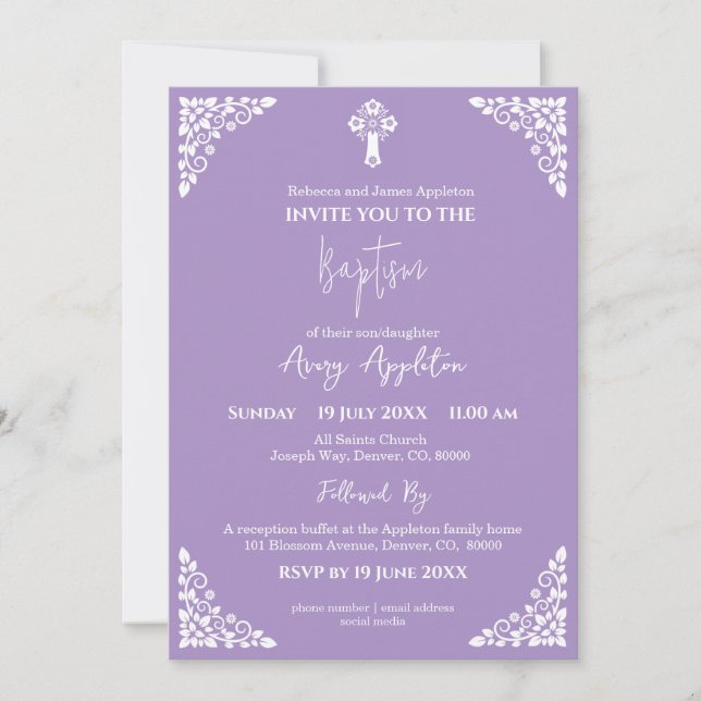 Invitation Floral Cross Baptism Lilac (Front)