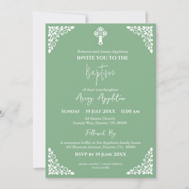 Invitation Floral Cross Baptism Sage Green (Front)