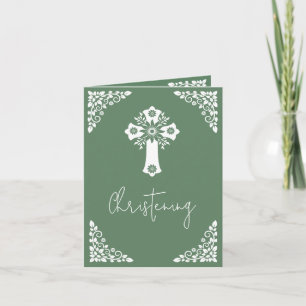 Invitation Floral Cross Christening Fern Green