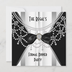 Invitation Formal Dinner Black White Silver Bow