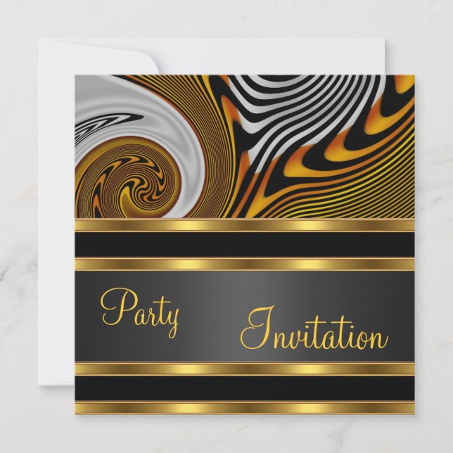 Invitation Party Exotic Abstract Gold Black (Front)