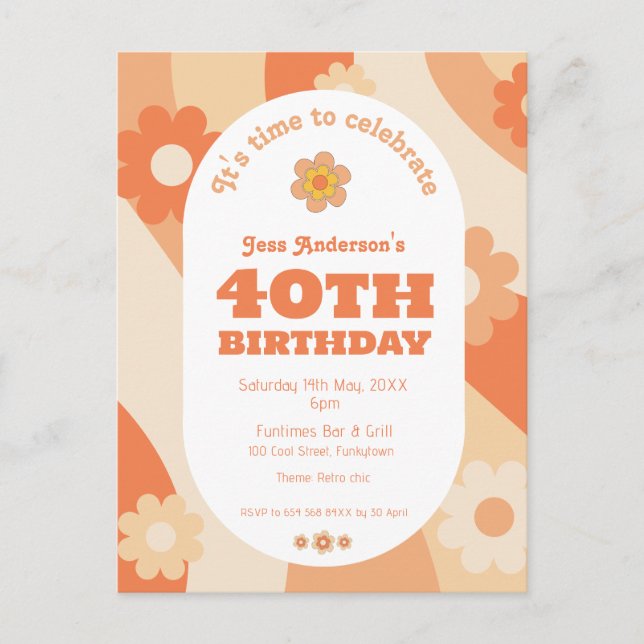 Invitation postcard - 40th Birthday - retro peach (Front)