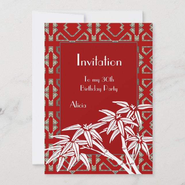 Invitation Red White Asian Bamboo Art Deco (Front)
