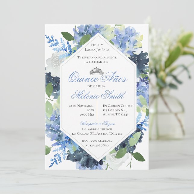 Invitation Spanish Quinceanera Blue Floral (Standing Front)