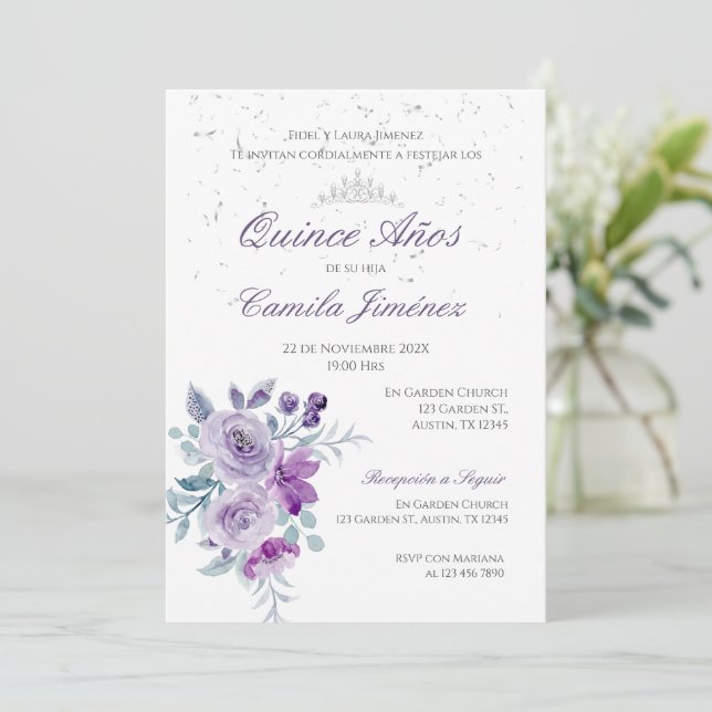 Invitation Spanish Quinceanera purple floral invit (Standing Front)