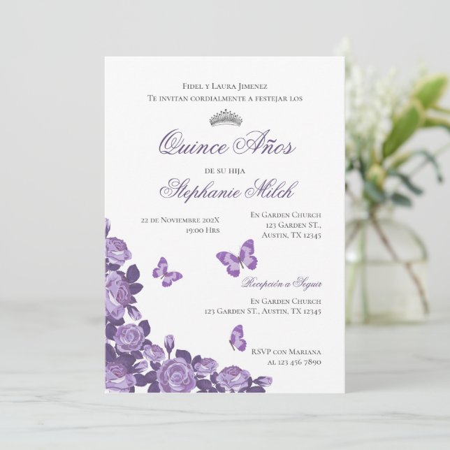 Invitation Spanish Quinceanera purple floral invit (Standing Front)