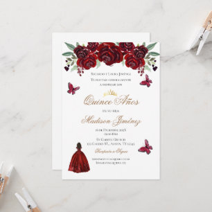 Invitation Spanish Quinceanera red floral invite