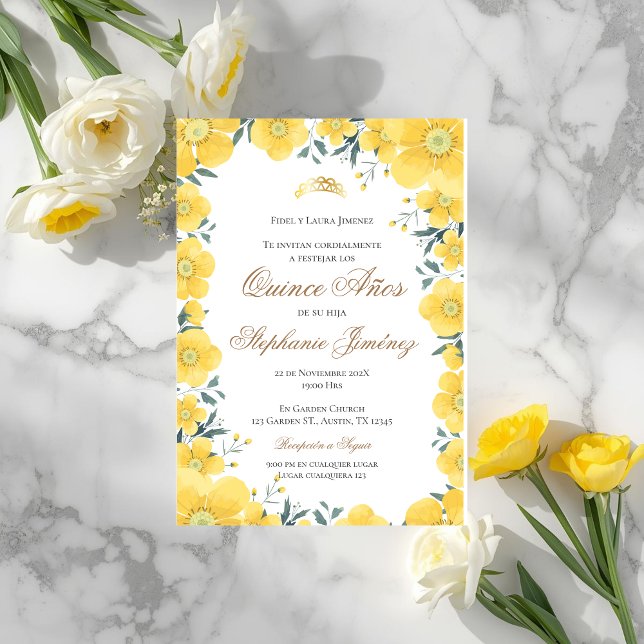 Invitation Spanish Quinceanera yellow floral invit (Creator Uploaded)