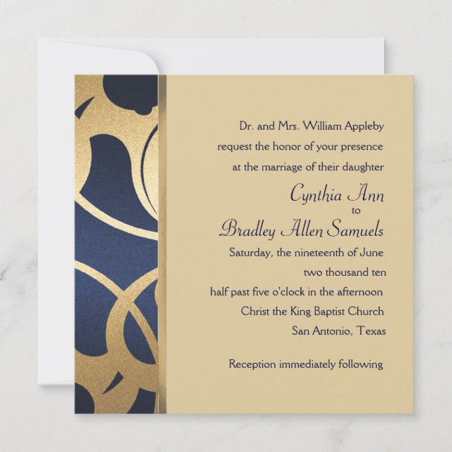 Invitation Square Navy Faux Gold Deco Design (Front)