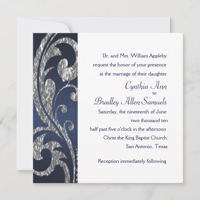 Invitation Square Navy Faux Silver Foil Design (Front)