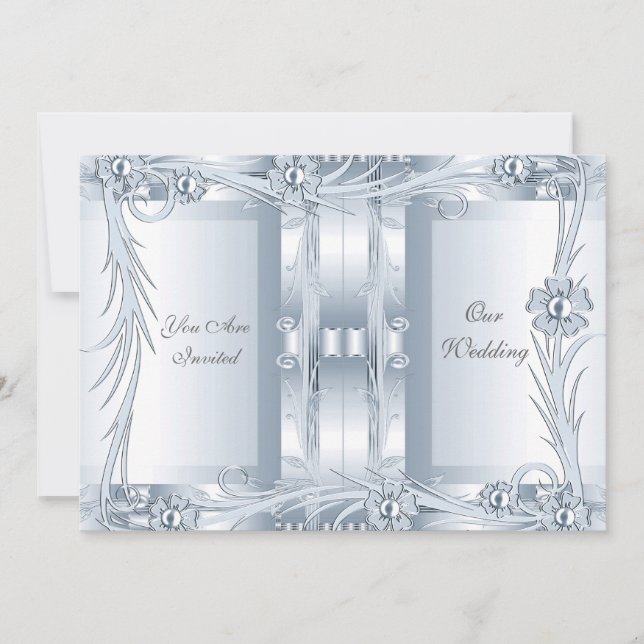 Invitation Wedding Silver Blue Art Deco Floral (Front)