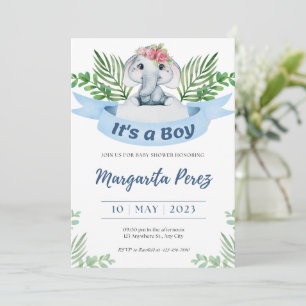 Invitation Welcome Baby Boy Elephant Illustration