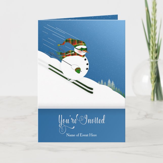 Invitation, Winter Event, Happy Snowman Skiing Card (Front)