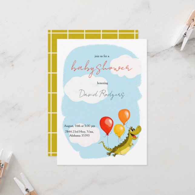 Invitation with crocodile for baby showers (Front/Back In Situ)