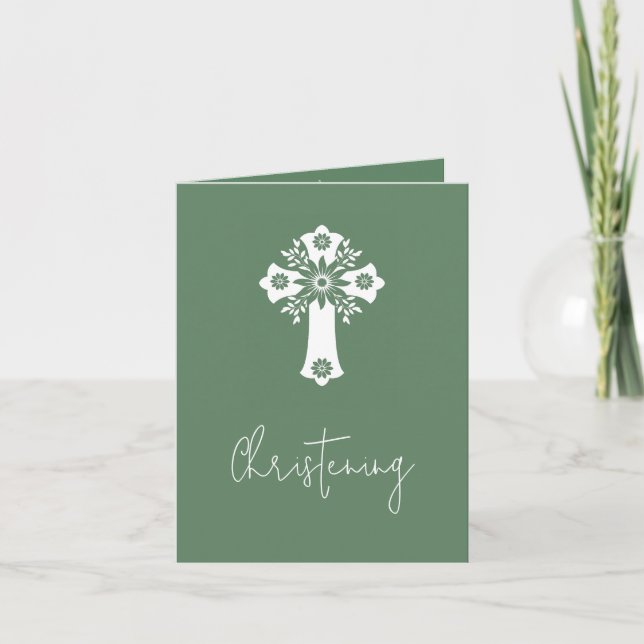 Invitation (write) Floral Cross Baptism Fern Green (Front)